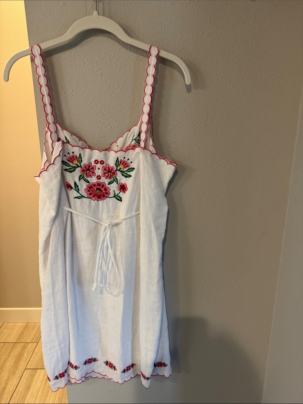 JCrew White Button-Front Sundress with Red and Pink Floral Embroidery. - Picture 3 of 3